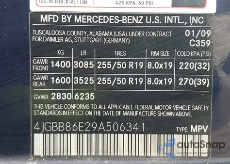 2009 Mercedes-Benz Ml 350 4Matic from USA, damaged, VIN 4JGBB86E29A506341